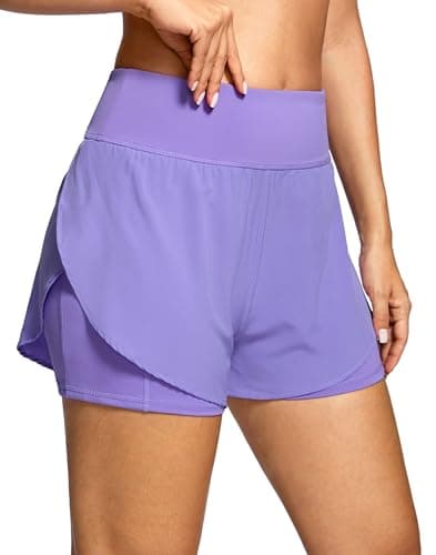 Women's 2 in 1 Running Shorts - High Waisted Lightweight Athletic Workout Gym Yoga Shorts Spandex Liner with Pockets Lilac S - Image 1