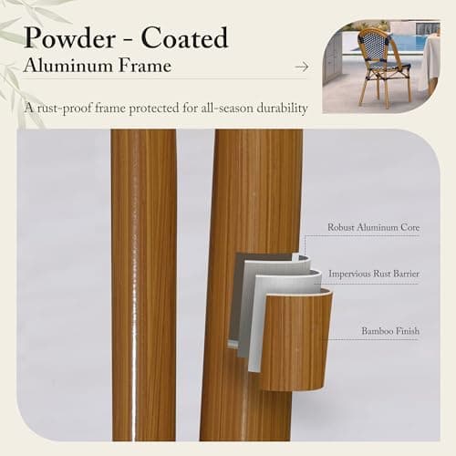 PURPLE LEAF Outdoor Dining Chair Set of 2 Patio French Aluminium Frame in Bamboo Finish with Navy Blue & White Woven Rattan for Kitchen Deck Bistros Cafe Restaurant - Thumbnail 5