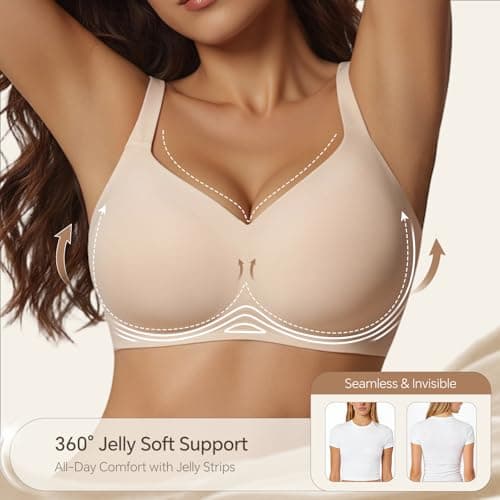 UIMERO Wireless Bras for Women No Underwire Supportive Jelly Bras Comfort Full Coverage Everyday Seamless T-Shirt Sports Bras Nude - Thumbnail 2