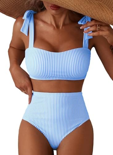 Herseas Women's Striped Bikini Sets Shoulder Strap Knot Removable Pads 2 Piece Swimsuits High Waisted Tummy Control Bathing Suits Teen Cruise Essentials Small Blue Stripes - Image 1