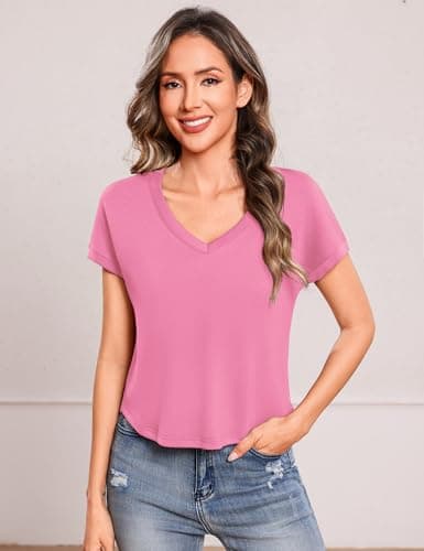 Totatuit Women Cute Cropped Tshirts for Students Teen Girls Loose Fit V Neck Cap Sleeve Tee Summer Beach Travel Holiday Tops Pink Medium - Thumbnail 3