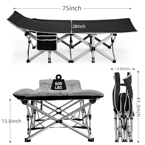 Fragess Portable Camping Cot, Sleeping Cots for Adults, 28" Extra Wide Folding Cot Max Load 600LBS with Thick Mattress, Portable Camping Bed for Outdoor Camp/Office, Home Nap (Black+Grey) - Thumbnail 6