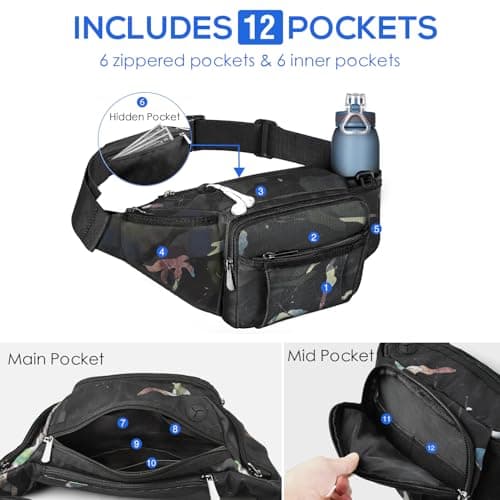 NOOLA Fanny Pack Waist Bag for Men Women, Lightweight Waist Pack with Water Bottle Holder, Adjustable Belt Bag with Multi-Pockets for Hiking, Dog Walking, Outdoor, Cycling, Running, Travel, Floral - Thumbnail 5
