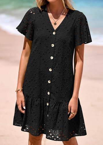 KIRUNDO Eyelet Dresses for Women 2026 Spring Summer Short Sleeve Button Down Loose Mini Babydoll Dress Beach Vacation Clothes(Black, Small) - Thumbnail 3