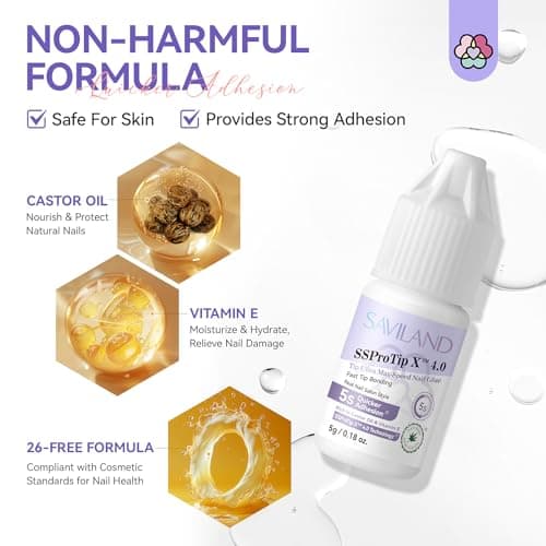 SAVILAND Nail Glue for Press Ons: 5S Fast-Drying Acrylic Nail 0.18 Oz. Nail Tip Extra Strength Nail Gel Glue Castor Oil Vitamin E Hypoallergenic Long Lasting for Fake Nail Tips No Cure Salon - Thumbnail 6