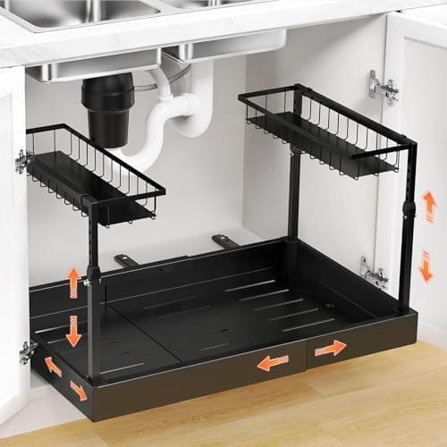 Aisslro Under Sink Organizer, 2 Tier Under the Sink Storage, Expandable Adjustable Slide Out Pull Out Under Cabinet Organizers Shelf, for Kitchen Bathroom Pantry Closet Organization, Black - Image 1