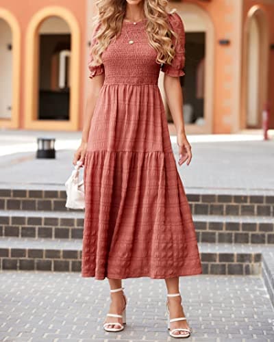 dowerme Womens Summer Dresses 2025 Casual Puff Short Sleeve Crewneck Smocked Flowy Ruffle Boho Beach Party Maxi Sundress(Bean Paste Pink,X-Large) - Thumbnail 2