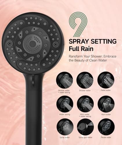 SunCleanse Filtered Shower Head with Handheld, 9-Spray Setting Detachable Showerhead with Filters, Shower Head for Hard Water - Filtered Chlorine, Improve Skin and Hair Texture, Black - Thumbnail 4