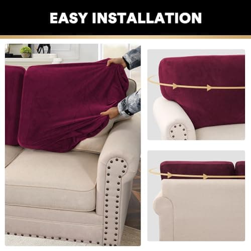 PrinceDeco Velvet Cushion Covers for Sectional Couch, 3 Back Cushion, Burgundy - Thumbnail 6