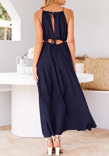 BTFBM Women Halter Summer Dresses 2026 Sleeveless Cutout Backless Sundress Slit Boho Maxi Beach Wedding Guest Dress(Navy, Large) - Thumbnail 6