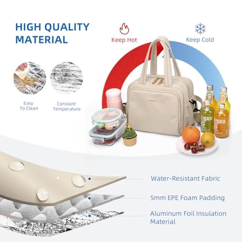 GOLF QUALITY Insulated Lunch Bags for Women,Lightweight Puffy Padded Waterproof Lunch Tote,Reusable Lunch Cooler Bag for Work Picnic Travel,Apricot - Thumbnail 4