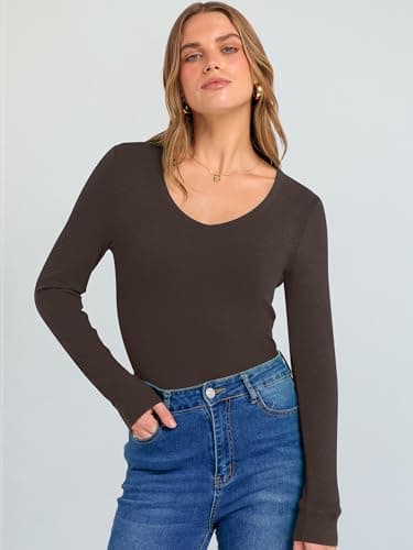 ANRABESS Long Sleeve V Neck Shirts for Women Coffee S - Thumbnail 2
