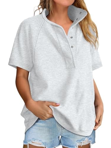 ANRABESS Womens Short Sleeve Tops Oversized Lightweight Sweatshirt Polo Shirts 2026 Summer Casual Button Pullover Top Outfits Light Grey Small - Image 1