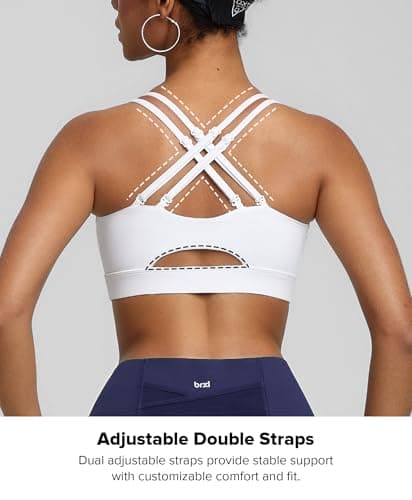 BRXL Plus Size Sports Bra with Sewn in Pads Light Impact Adjustable Spaghetti Strappy Padded Cross Back Cut Out Yoga Workout White - Thumbnail 3