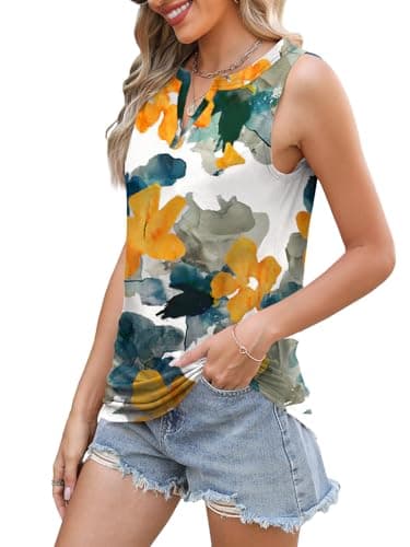SLOWCOLIN Womens Tank Tops Loose Fit V Neck Tank Tops for Women Summer Casual Sleeveless Shirts White-Yellow M - Thumbnail 3