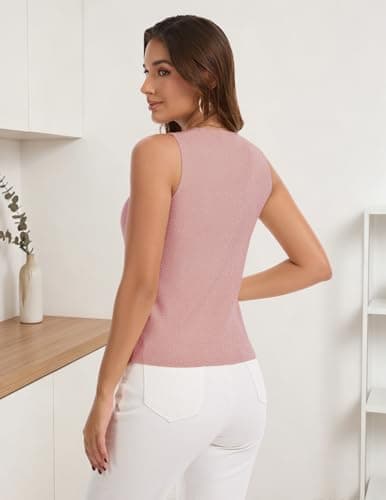 DRESSTELLS Women's Criss Cross Halter Neck Tank Top Ribbed Knit Sleeveless Summer Blouse Solid Color Sparkly Casual Sweater Vest Blush L - Thumbnail 6