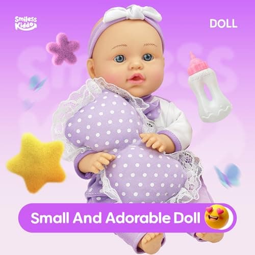 SMILESSKIDDO Baby Doll with Accessories, 12" Dolls Playset with Washable Carrier Bassinet Bed, Bottle, Blanket, and Pillow, Soft Body Baby Dolls for 2+ Year Old Girls - Thumbnail 5