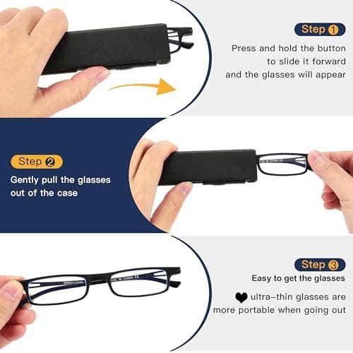 TOVEEN 3 Pack Compact Folding Reading Glasses Anti Blue Light UV, Ultra-thin Slim TR90 Readers with Portable Flat Case for Men Women Clear/Black/Gunmetal +1.5 - Thumbnail 6