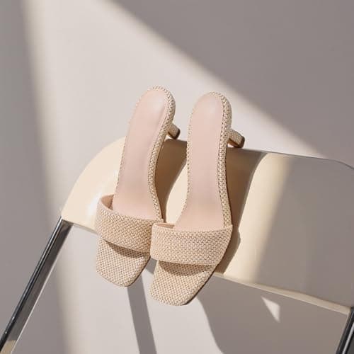 Ancomafio Kitten Heel Sandals Raffia Low Heels 2 Inch Square Open Toe Sandals for Women Slip on Summer Vacation Casual Shoes Size 7.5 - Thumbnail 4