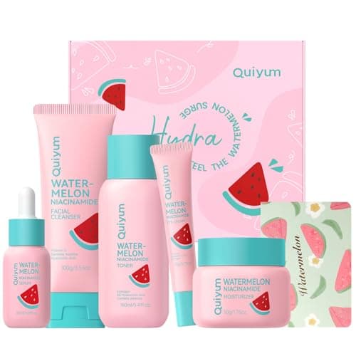 QUIYUM Watermelon Niacinamide Skin Care Set, Beauty Skincare for Teens- Gift Set with Cleanser, Toner, Eye Cream, Moisturizer, Serum, Juicy Glow Facial Routine for Girls, for All Skin Types (5PCS)