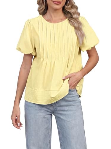 Funlingo Babydoll Tops for Women 2026 Summer Casual Puff Sleeve Blouses Crew Neck Loose Fit Flowy Pleated Shirts Trendy Clothing Yellow M - Image 1