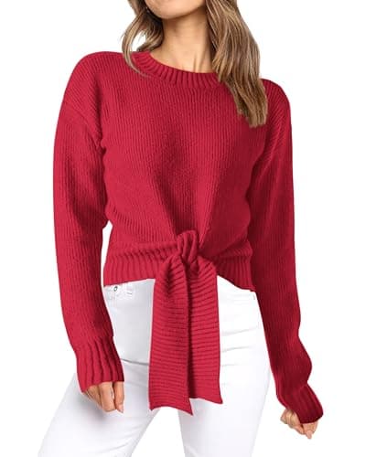 Okiwam Women's Long Sleeve Cropped Sweaters Casual Knit Pullover Tie Front Crew Neck Fall Outfits Spring Fashion Clothes 2026-L Bright Red - Image 1