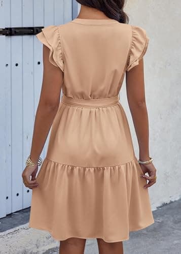 KIRUNDO Summer Dresses for Women 2026 Spring Flutter Sleeve V Neck Ruffle Flowy Tiered Knee Length Beach Vacation Sundress(Khaki, X-Large) - Thumbnail 2