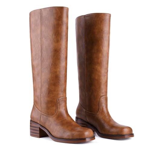 Migpuel Knee High Boots for Women Square Toe Riding Boots Chunky Block Heel Wide Calf Tall Boots Comfortable Low Heel Campus Casual 7,brown - Image 1