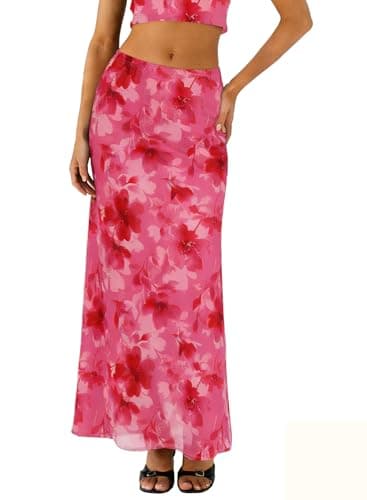 BLENCOT Womens Long Mesh Skirts Spring Boho Printed High Waisted A-Line Flowy Maxi Skirt for Beach Vacation Pink Small - Image 1