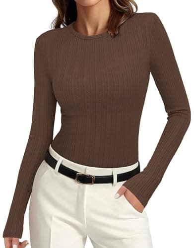 PRETTYGARDEN Womens Spring Tops Dressy Casual Solid Color Long Sleeve Rib Knit Slim Fit Pullover T Shirt Y2K Outfits (Brown, X-Small) - Image 1