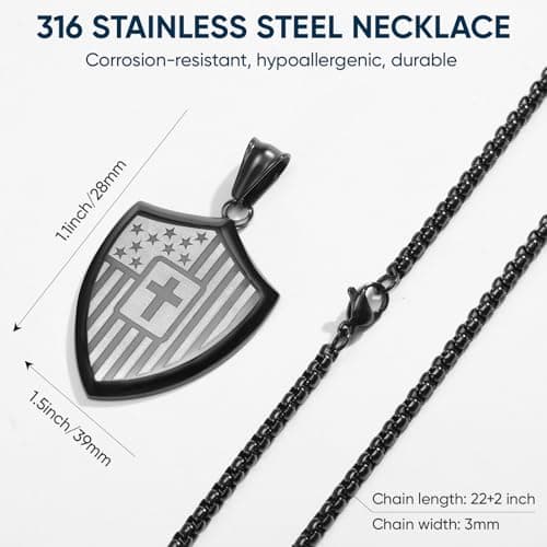 Christian Cross Bible Verse Necklace for Men - Shield American Flag Stainless Steel Chain Black Necklaces Religious Christian Catholic Jewelry Gifts for Men - Thumbnail 5