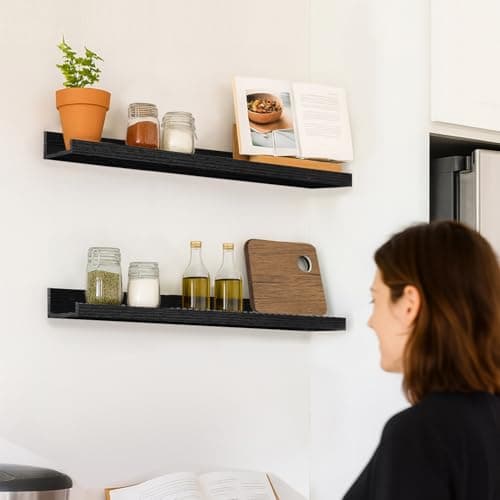 Mifurn Floating Picture Ledge Shelves, 2-Pack Wall Mounted Book Shelf for Nursery & Kids Room, Floating Shelves for Wall Photo Frames with Lip, Living Room or Bedroom, 24inch, Black - Thumbnail 2