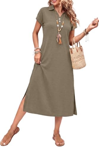 BEXIBOOM Women's V Neck Maxi Dress for Women, Cap Sleeve Collared Casual Long Dress with Pockets, Summer Beach Vacation Work Dress Khaki-S