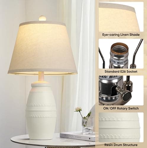 QiMH 21.5" Lamps Set of 2, Farmhouse Lamps for Living Room, Modern Table Lamp for Bedroom, Vintage Rustic Nightstand Lamp with Linen Shade, Retro Bedside Lamp for Office Home, White - Thumbnail 3