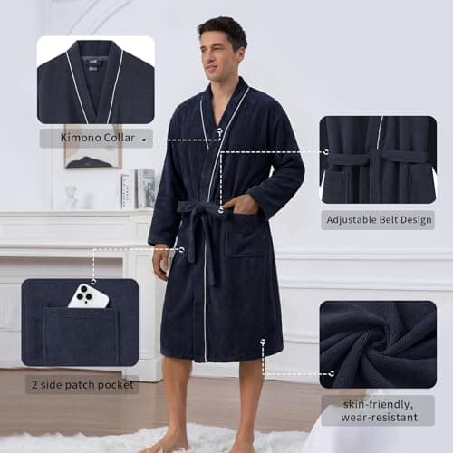 Inner Wish Men's Terry Cloth Bathrobe - Soft Absorbent Quick-Dry Spa Robe with Pockets, Lightweight Robe for Lounge & Shower，Navy，S/M - Thumbnail 3