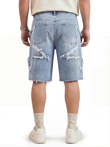 JMIERR Men's Jorts Baggy Loose Fit Comfy Wide Leg Vintage Y2K Hip Hop Streetwear Summer Knee-Length Star Jean Shorts Beau Blue, X-Large - Thumbnail 4