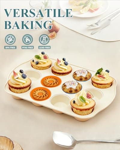 Ymiton Nonstick Muffin Pan with 12 Silicone Baking Cups, Carbon Steel Muffin Tin for Muffins, Cupcakes, Egg Bites and more, Non Toxic, Easy to Clean, Dishwasher Safe, Sunshine Cream - Thumbnail 2