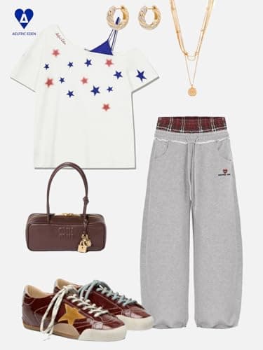 Aelfric Eden Star Graphic Off The Shoulder Tee Women's Oversized Graphic Tees Short Sleeve Summer Cute T Shirts Y2K Tops WhiteBlue X-Small - Thumbnail 5