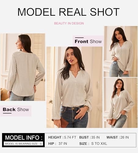 Dokotoo Business Casual Tops for Women Trendy Long Sleeve Tops 2026 Fashion Spring Outfits Loose Fit Basic V Neck Business Tshirts Textured Beige Top Blouse X-Large - Thumbnail 3