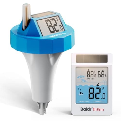 BALDR Wireless Pool Thermometer Floating Easy Read, 2026 Upgrade Solar Powered Water Temperature Gauge with Indoor Monitor, IPX8 Waterproof 500FT Range for Pools,Hot Tubs,Spas, Baths, Aquariums