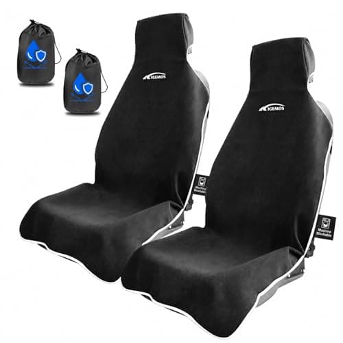 KIGEMOS 2 Pack Towel Car Seat Covers, Waterproof Washable Front Seat Protectors with Soft Terry Cloth, Non-Slip Backing, Universal Fit for Cars SUVs Trucks,Gym,Beach,Pets, Kids,Road Trips (Black)