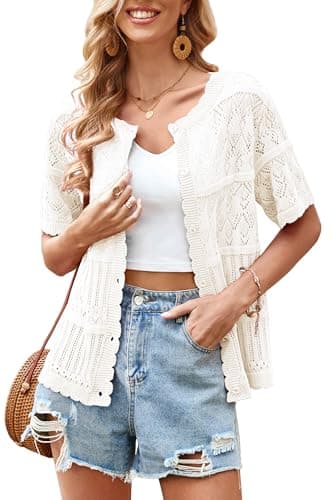 ECOWISH Summer Crochet Cardigans for Women: 2026 Lightweight Short Sleeve Crewneck Button Down Cropped Casual Sweater Tops 440 White 2XL - Image 1