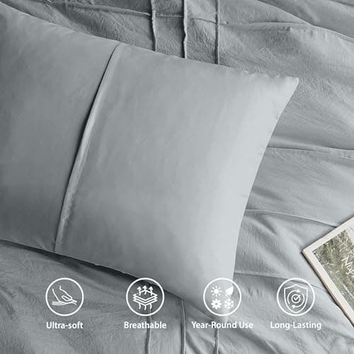 Regency Heights Queen Size Comforter Set Blue Grey, 3 Pieces Bedding Set, Ultra Soft Prewashed Bed Set, Pinch Pleat All Seasons Lightweight Comforter and Shams - Thumbnail 5