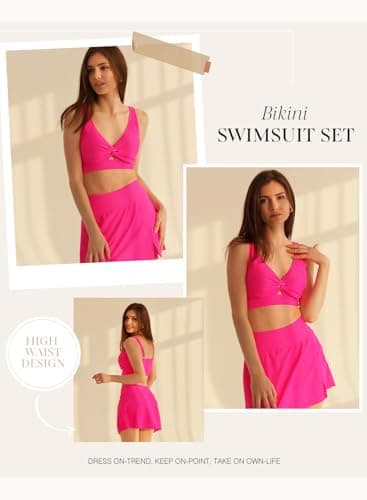Dokotoo Modest Swimsuits for Women's Bathing Suit Adjustable 2026 Swim Top Knot Twisted Front Bathing Suits Push Up Swimsuit Skirts with Bottoms Trending,Bright Pink Small - Thumbnail 3