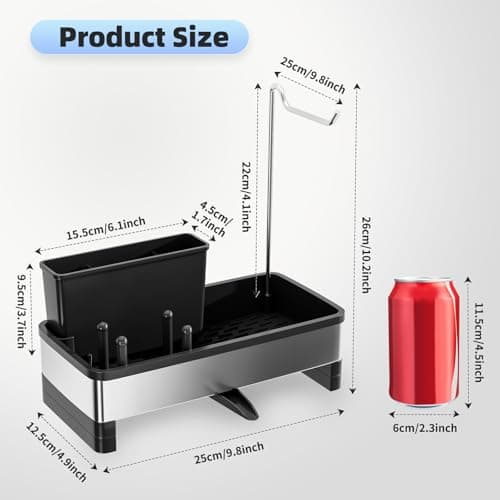 Ewaiira Sponge Holder for Kitchen Sink, Stainless Steel Sink Caddy with Brush Holder & Dishcloth Rack, Countertop Sink Organizer, Soap Dispenser Kitchen Organizers Storage Essentials (D-Black 9.8″) - Thumbnail 6
