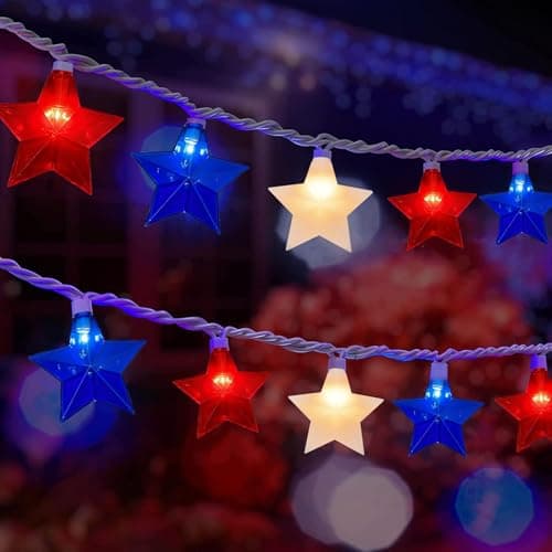 Abeja 4 th of July Five-Pointed Stars String Lights, 8.5Ft Red White Blue Star String Lights with 10 LED Stars, Plug in Patriotic Star Fairy Lights for Indoor Independence Day Party Day Decor - Image 1
