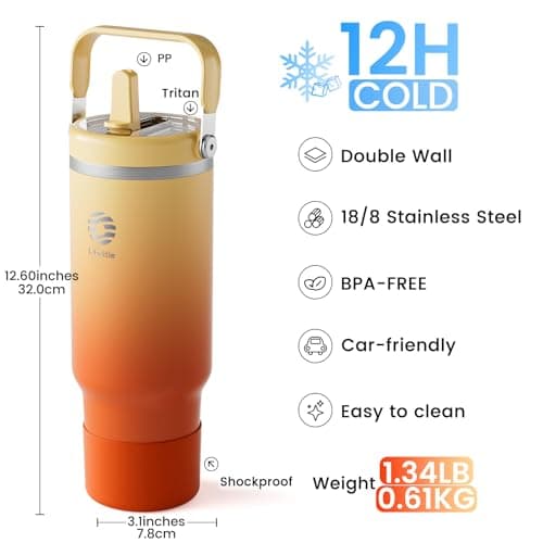 Fjbottle Insulated Stainless Steel Coffee Tumbler with Flip Straw, 40 Oz Hot Coffee Cup Travel Mug, Ice Cube Water Flask Leak Resistant Lightweight for Traveling & Home, Casual, Orange - Thumbnail 3