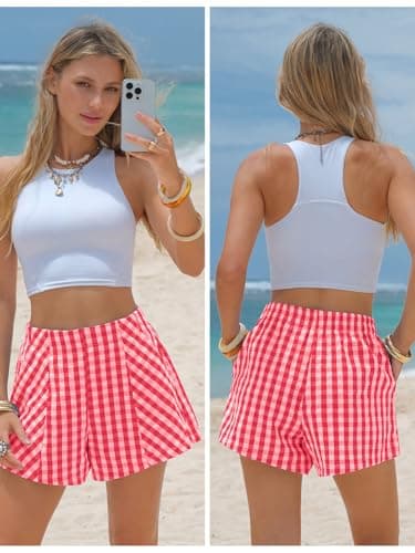 EXLURA Womens Cotton Boxer Shorts Faux Linen Gingham Shorts Summer High Waist Plaid Y2K Beach Bottoms Vacation Outfits 2026 - Thumbnail 4