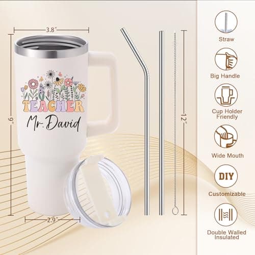Elemtansy Teacher Appreciation Gifts Personalized Tumbler with Name Custom 40 oz Tumbler with Handle Customized Thank You Teacher Gifts from Students Back to School 2026 Graduation Cup Gifts for Women - Thumbnail 5