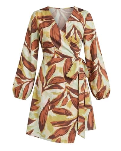 Women's 2026 Casual Puff Balloon Long Sleeve Wrap V Neck Asymmetrical Irregular High Low Hem Beige and Brown Floral Leaf Print Tie Elastic Waist Vocation Cocktail Dating Semi Formal Elegant Dresses - Image 1